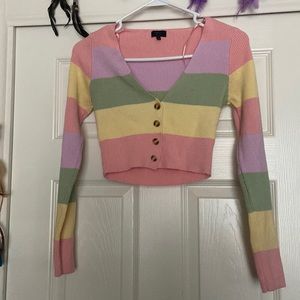 A pink, green, yellow, and purple button up sweater. S/M and Debut brand